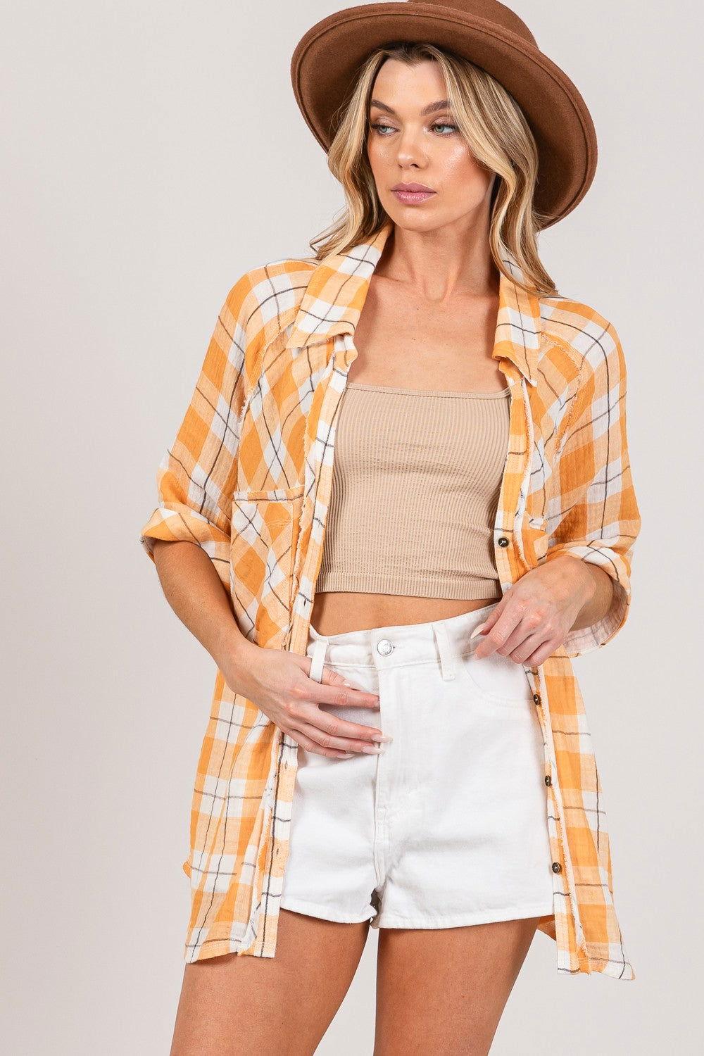 SAGE + FIG Plaid Button Up Side Slit Shirt - Clothes For Her Online Store