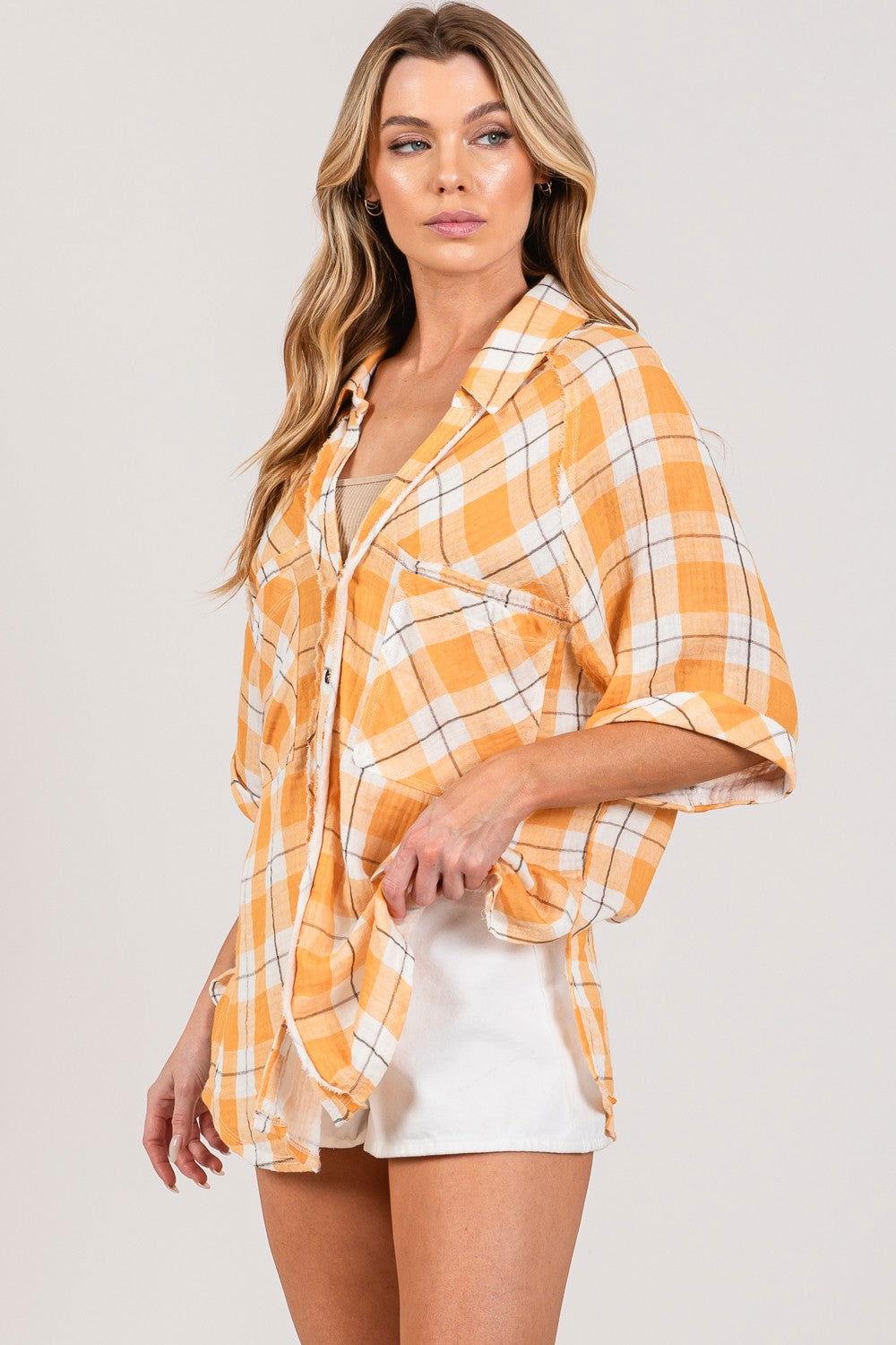 SAGE + FIG Plaid Button Up Side Slit Shirt - Clothes For Her Online Store