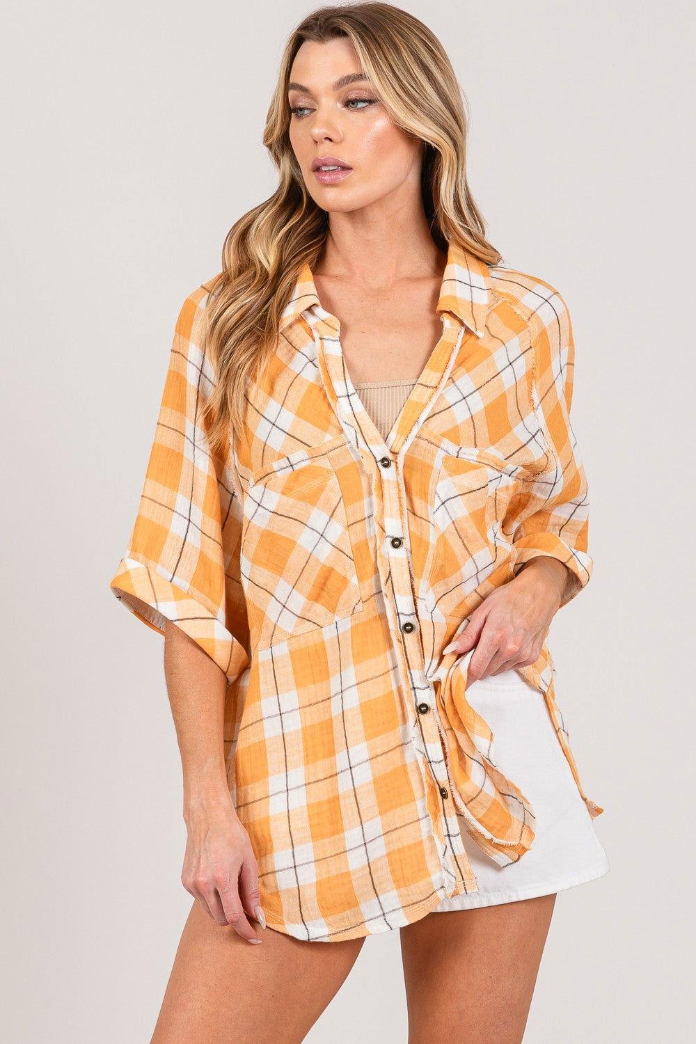 SAGE + FIG Plaid Button Up Side Slit Shirt - Clothes For Her Online Store