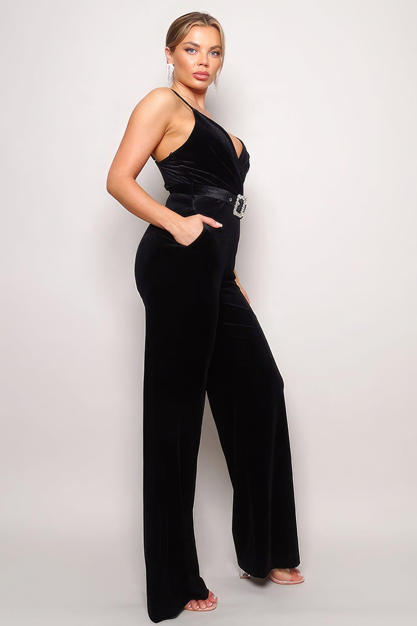 Samba Rhinestone Belt Velvet Jumpsuit - Clothes For Her Online Store