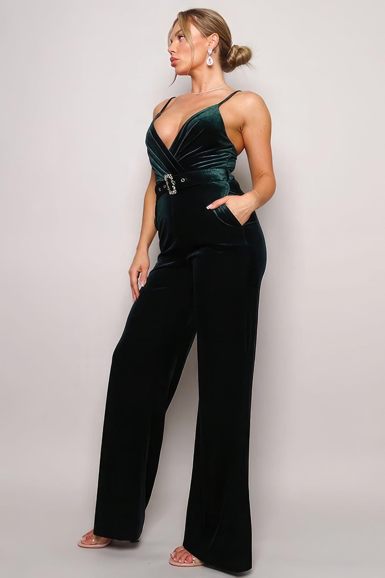 Samba Rhinestone Belt Velvet Jumpsuit - Clothes For Her Online Store