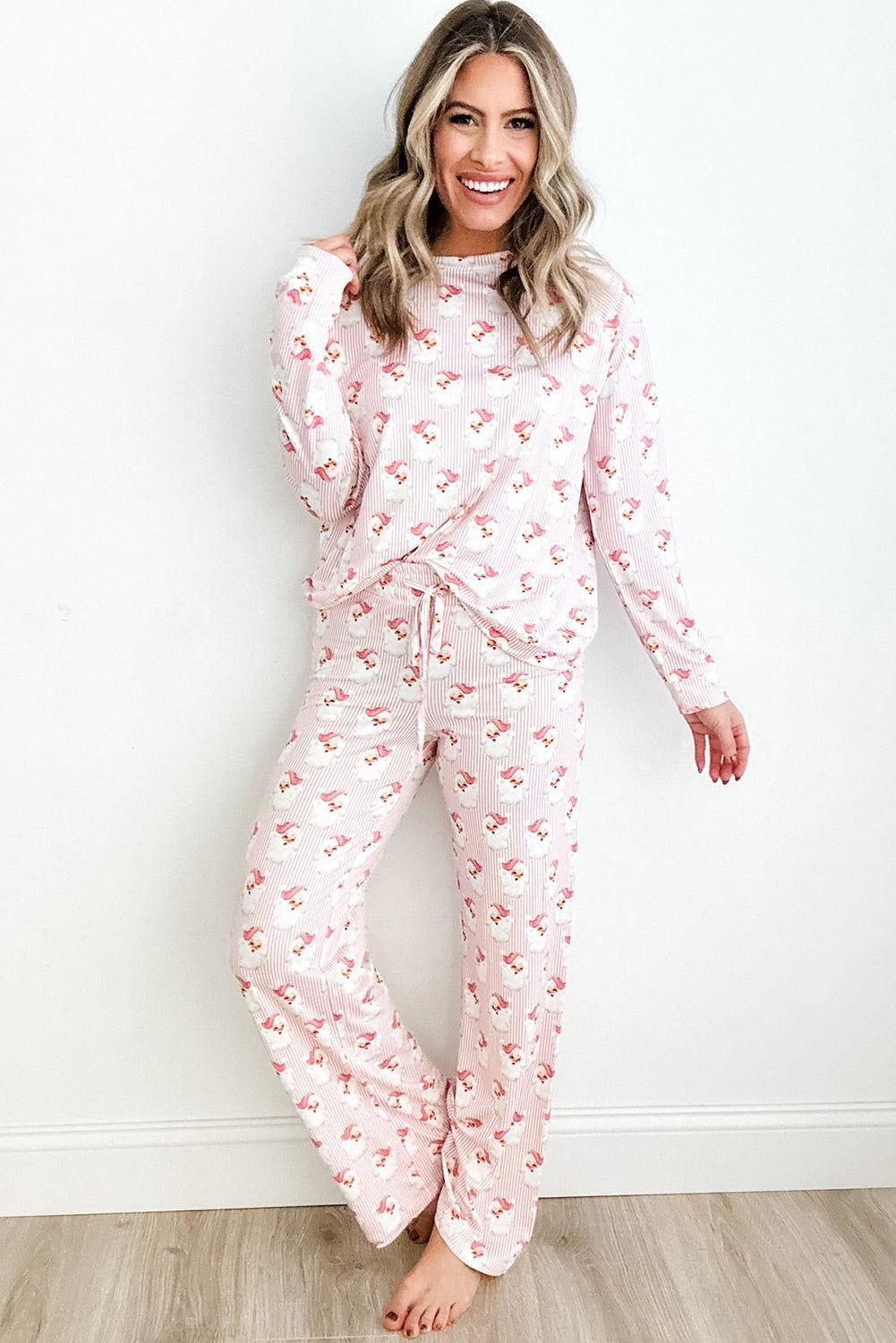 Santa Print Long Sleeve Top and Pants Lounge Set - Clothes For Her Online Store