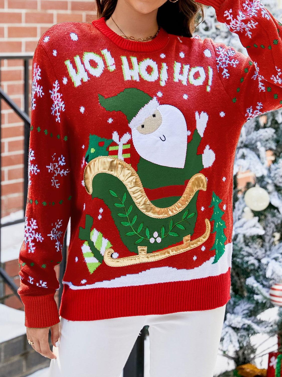 Santa Round Neck Long Sleeve Sweater - Clothes For Her Online Store