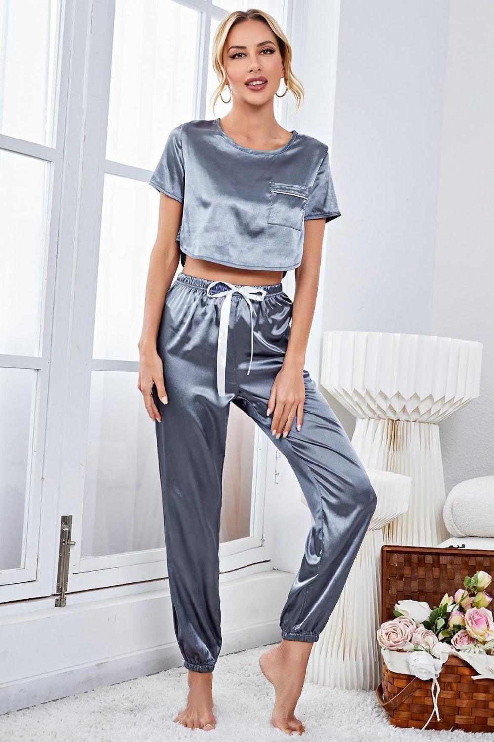 Satin Short Sleeve Crop Top and Joggers Lounge Set - Clothes For Her Online Store
