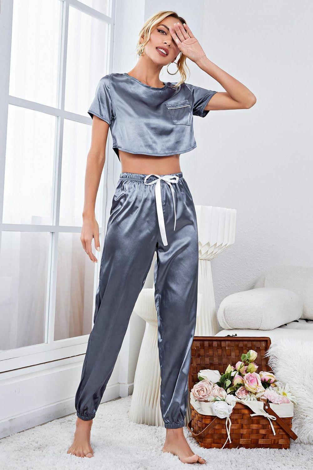 Satin Short Sleeve Crop Top and Joggers Lounge Set - Clothes For Her Online Store