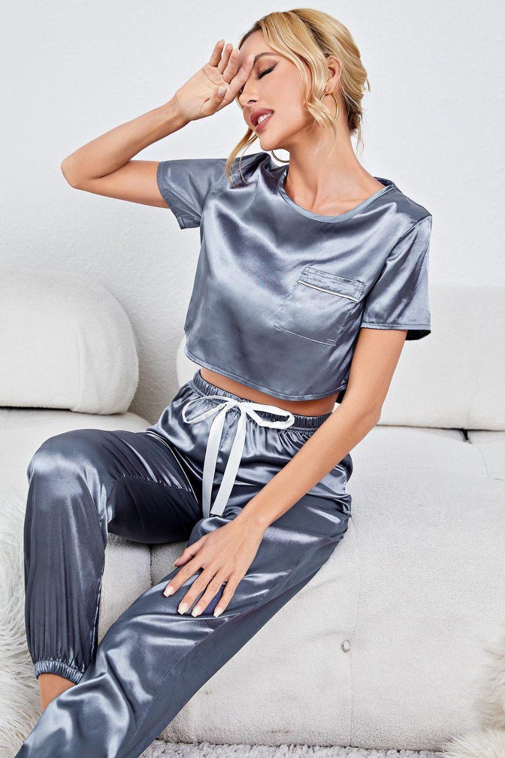 Satin Short Sleeve Crop Top and Joggers Lounge Set - Clothes For Her Online Store
