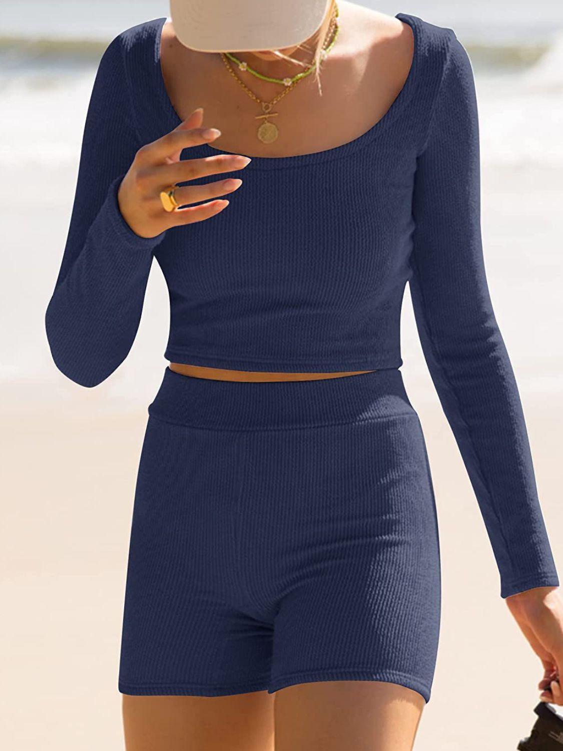 Scoop Neck Long Sleeve Top and Shorts Set - Clothes For Her Online Store