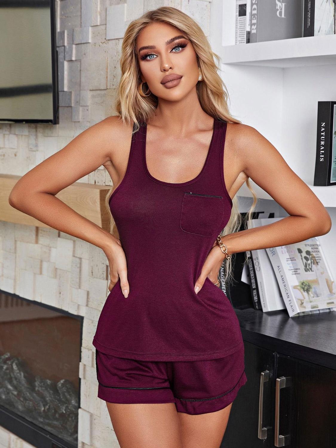 Scoop Neck Wide Strap Tank and Shorts Lounge Set - Clothes For Her Online Store