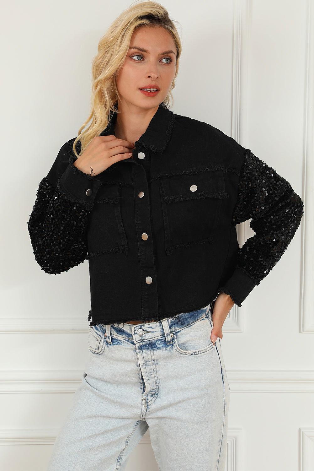 Sequin Button Up Raw Hem Denim Jacket - Clothes For Her Online Store