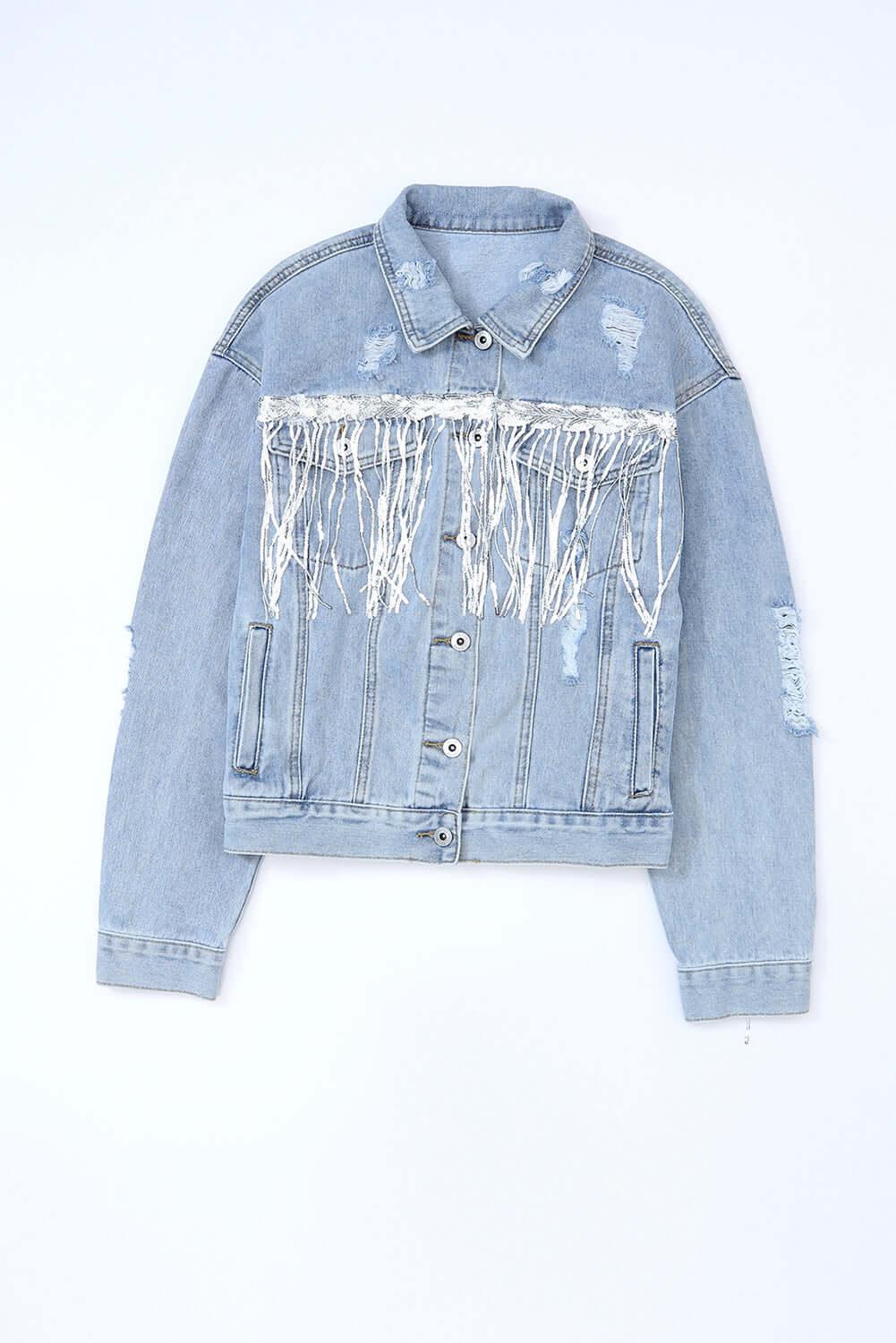 Sequin Fringe Trim Distressed Button Up Denim Jacket - Clothes For Her Online Store