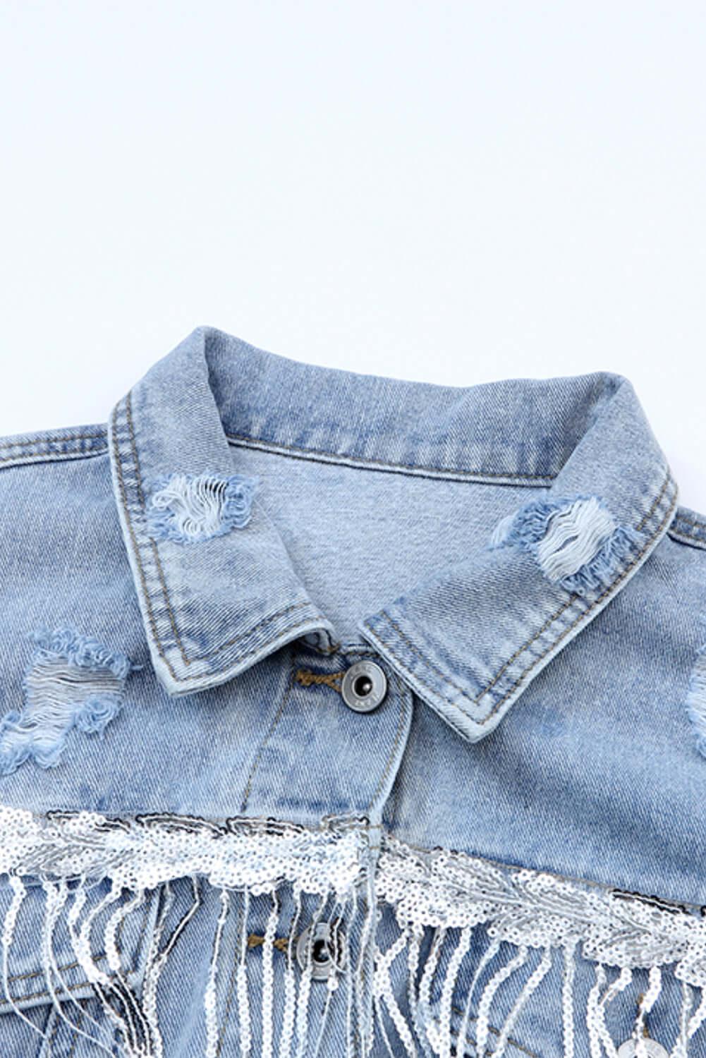 Sequin Fringe Trim Distressed Button Up Denim Jacket - Clothes For Her Online Store