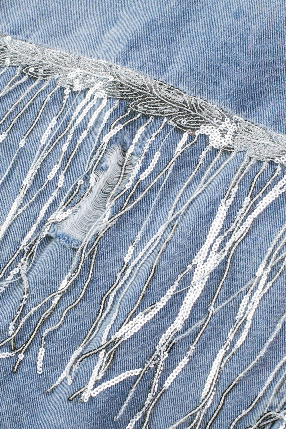 Sequin Fringe Trim Distressed Button Up Denim Jacket - Clothes For Her Online Store