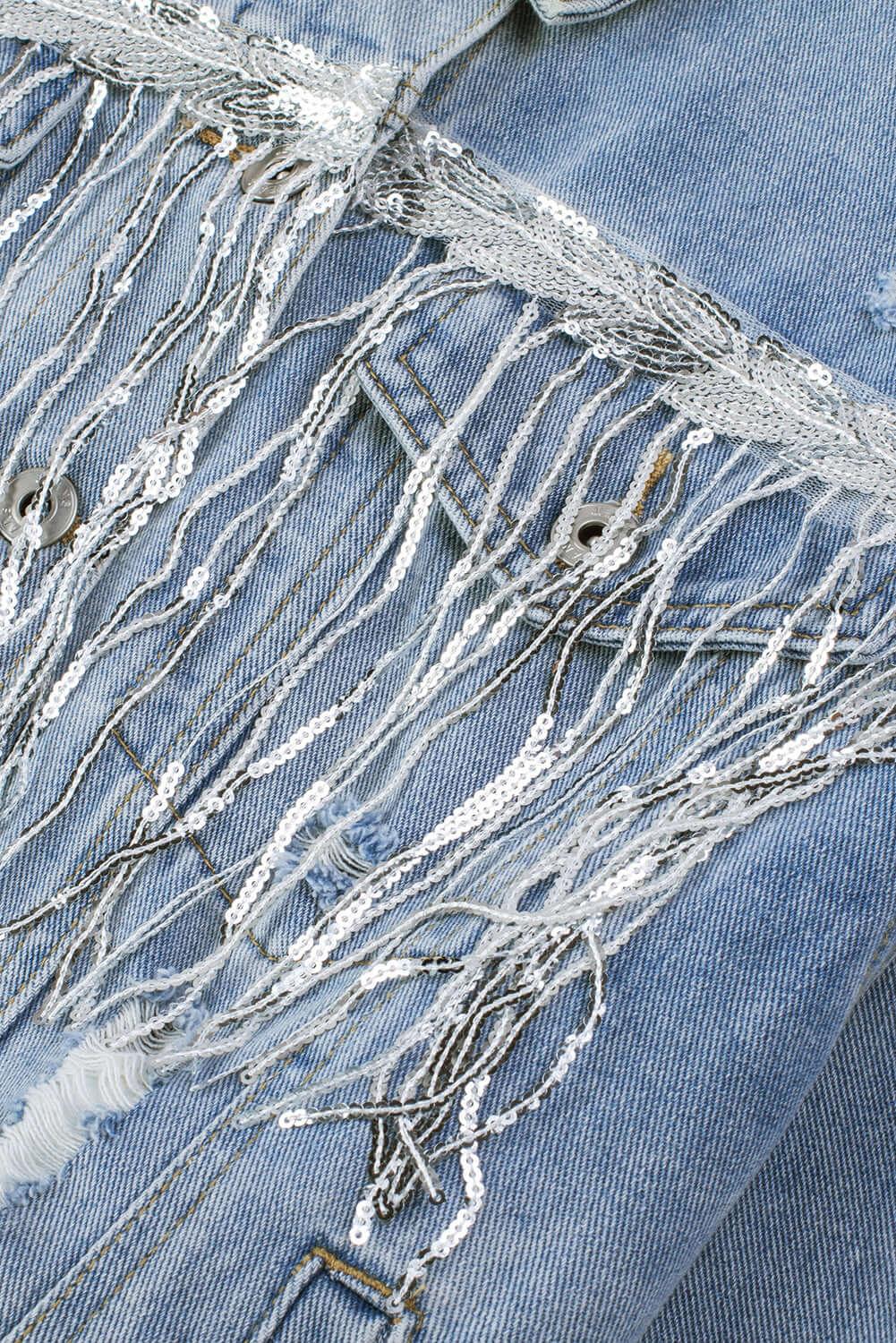 Sequin Fringe Trim Distressed Button Up Denim Jacket - Clothes For Her Online Store