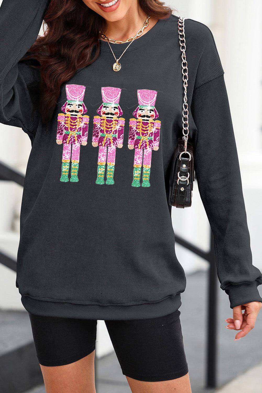 Sequin Nutcracker Round Neck Long Sleeve Sweatshirt - Clothes For Her Online Store