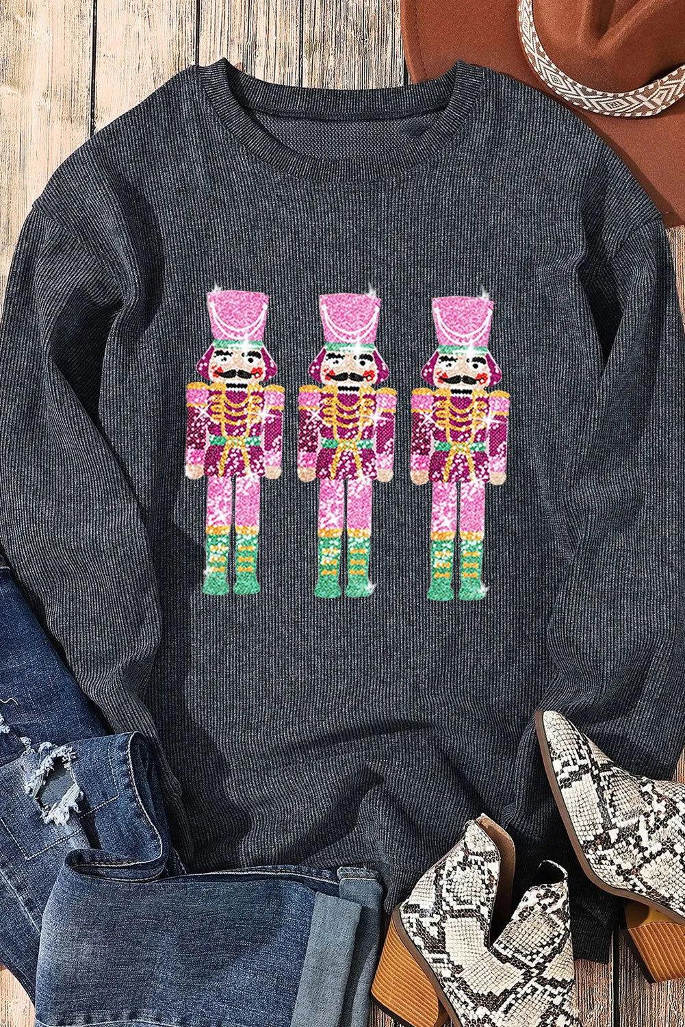 Sequin Nutcracker Round Neck Long Sleeve Sweatshirt - Clothes For Her Online Store