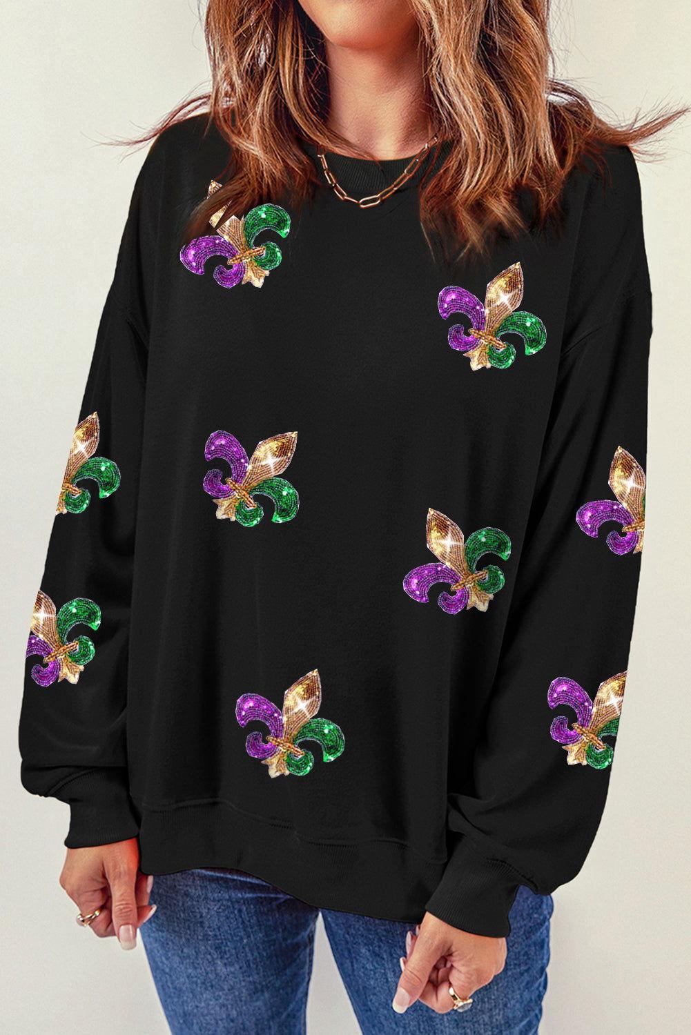 Sequin Round Neck Dropped Shoulder Sweatshirt - Clothes For Her Online Store