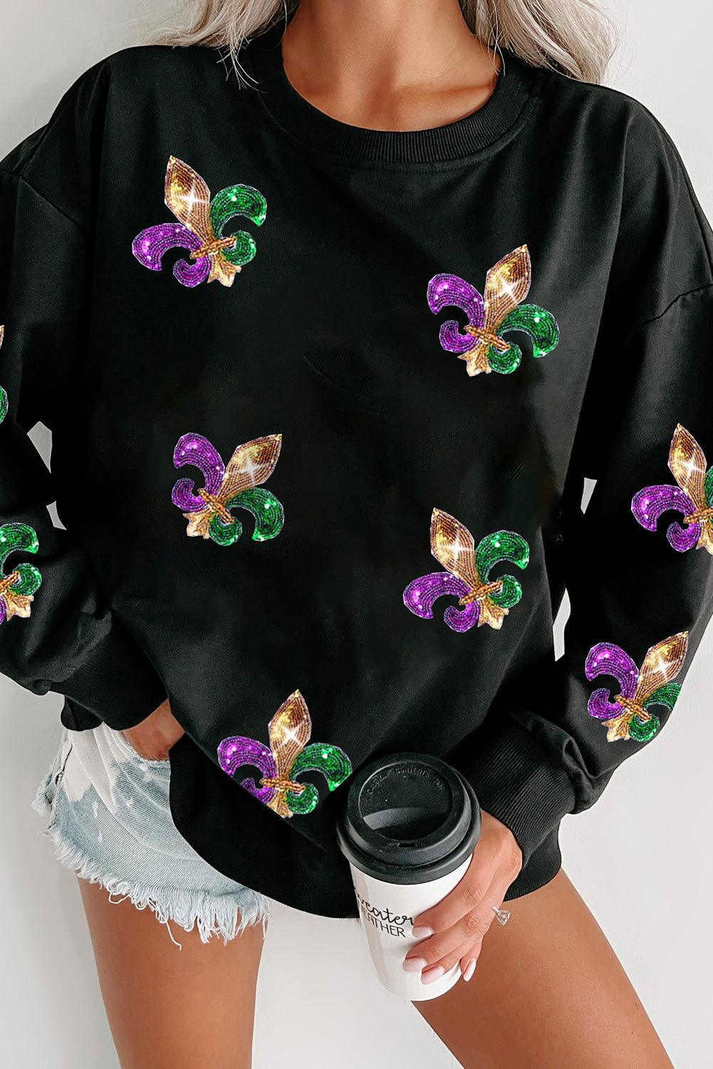 Sequin Round Neck Dropped Shoulder Sweatshirt - Clothes For Her Online Store