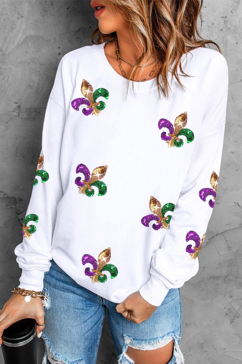 Sequin Round Neck Dropped Shoulder Sweatshirt - Clothes For Her Online Store