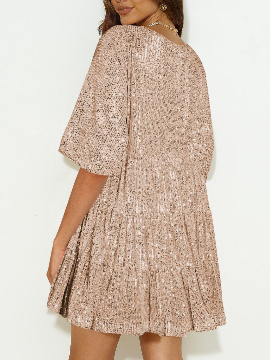 Sequin Round Neck Half Sleeve Mini Dress - Clothes For Her Online Store