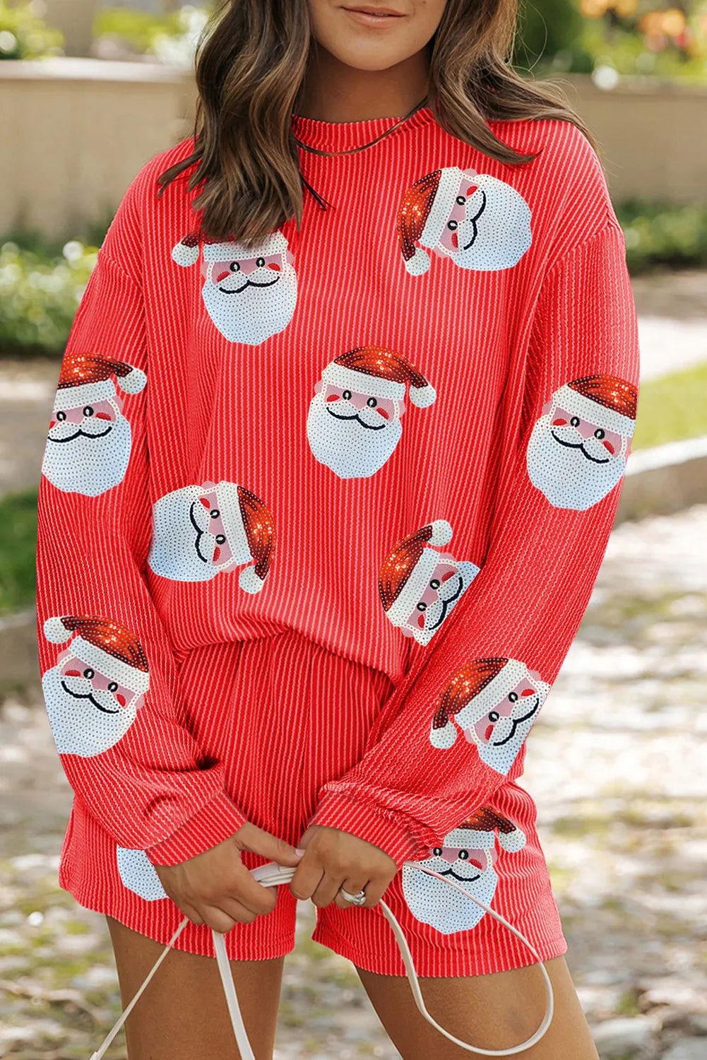 Sequin Santa Round Neck Long Sleeve Top and Shorts Set - Clothes For Her Online Store