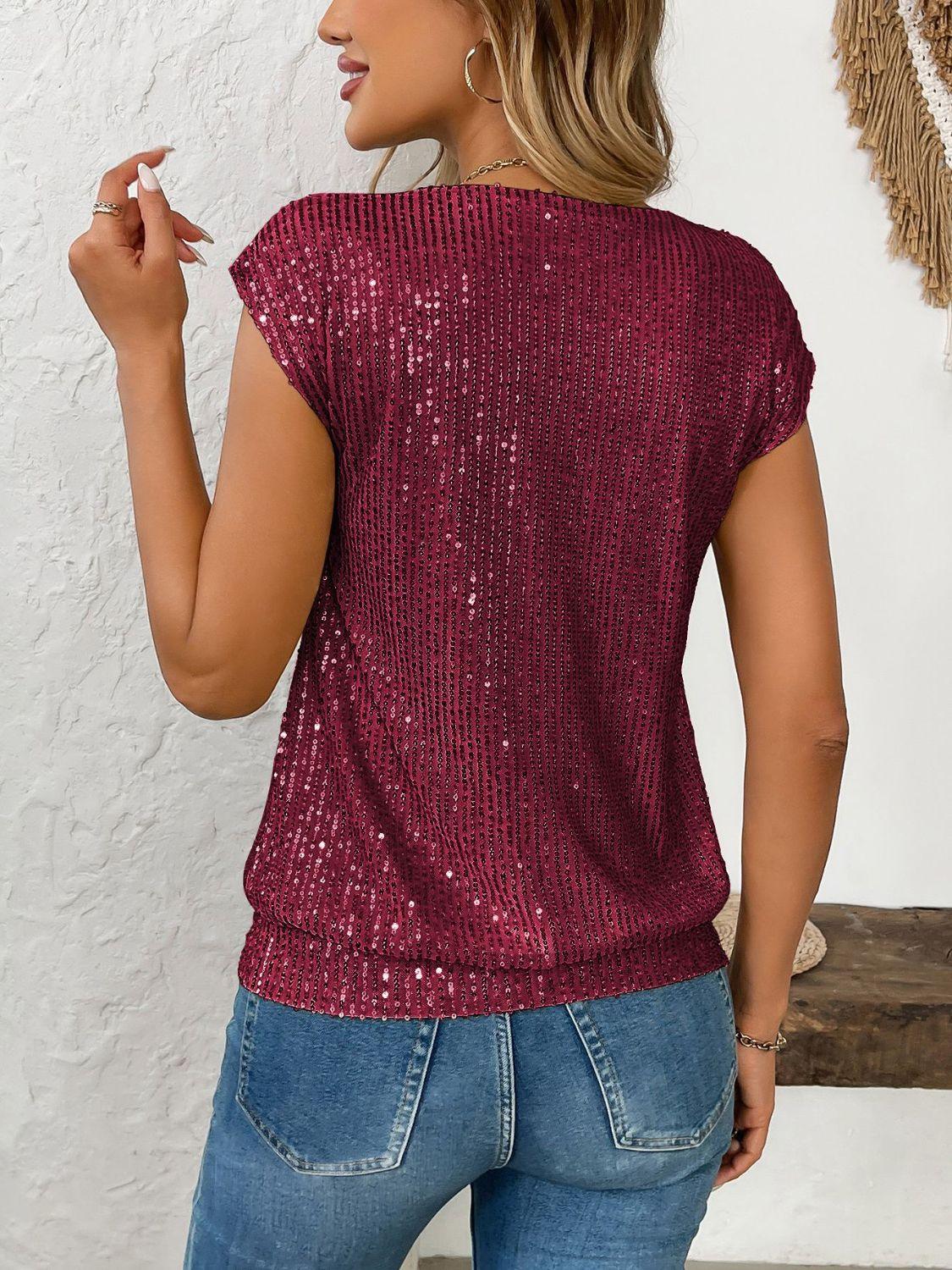 Sequin V-Neck Cap Sleeve Top - Clothes For Her Online Store