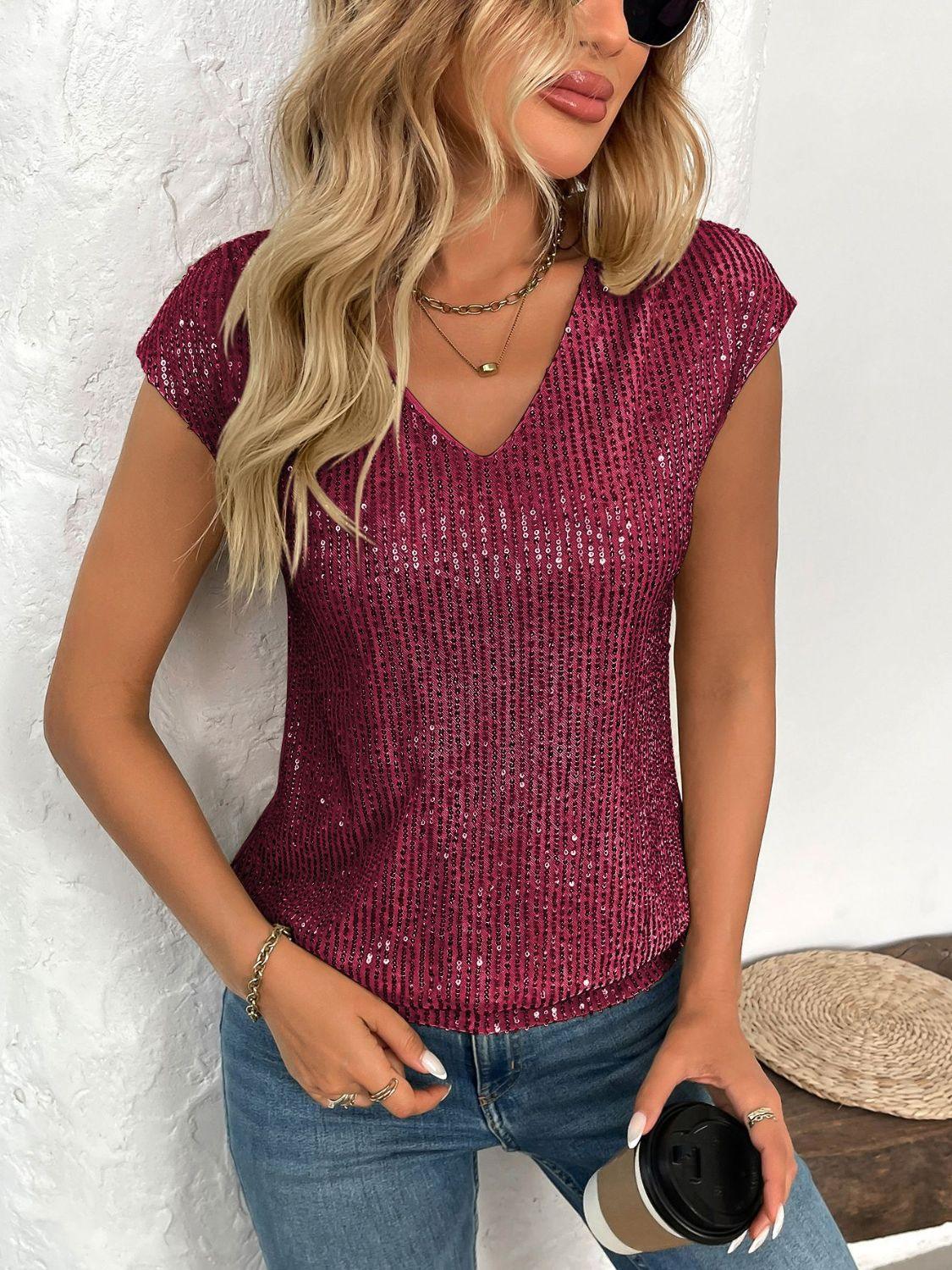 Sequin V-Neck Cap Sleeve Top - Clothes For Her Online Store