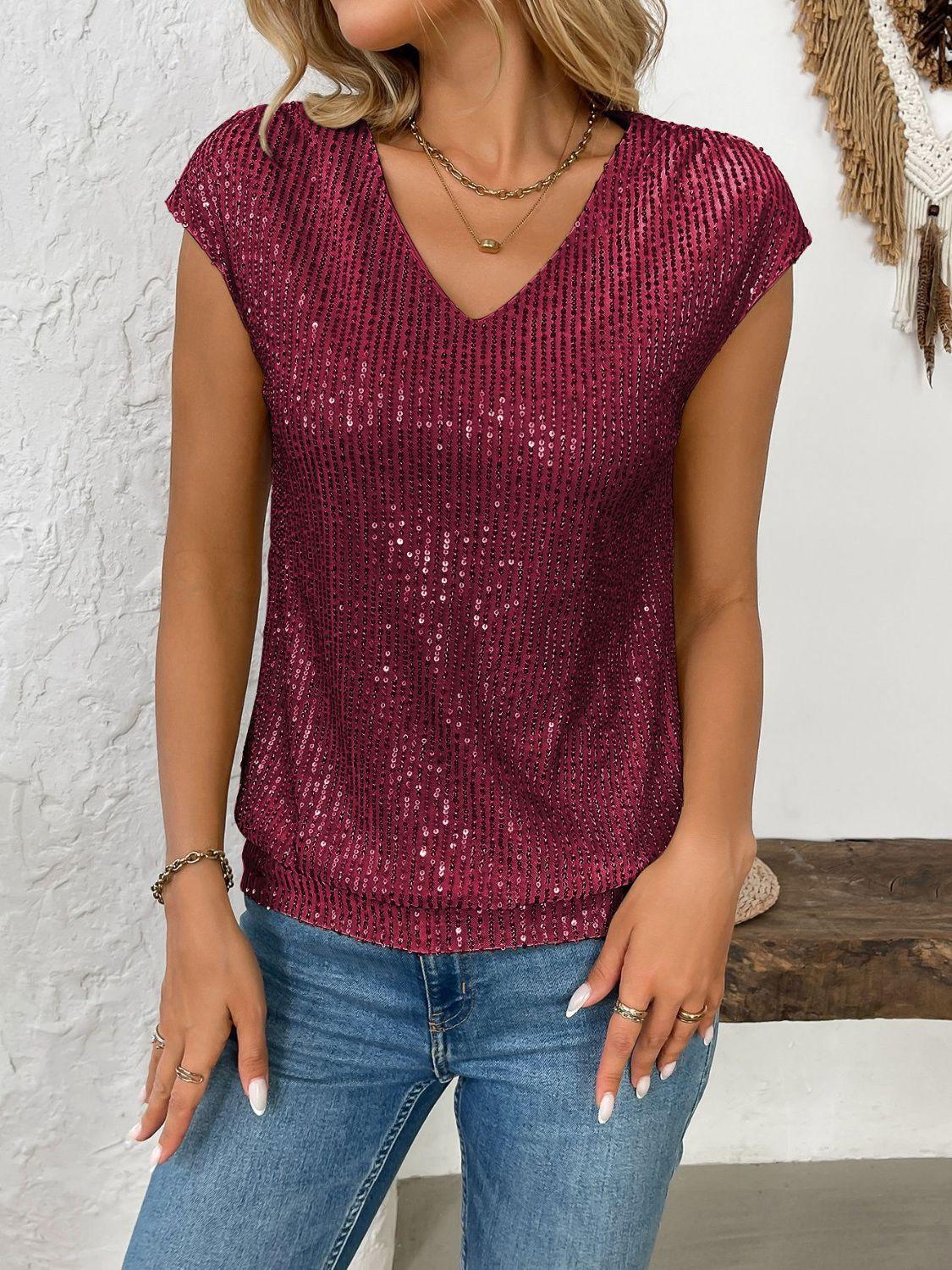 Sequin V-Neck Cap Sleeve Top - Clothes For Her Online Store