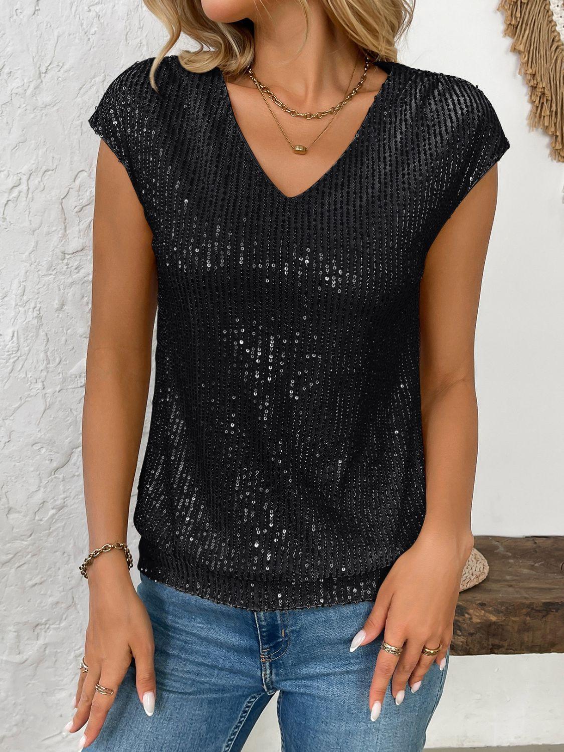 Sequin V-Neck Cap Sleeve Top - Clothes For Her Online Store