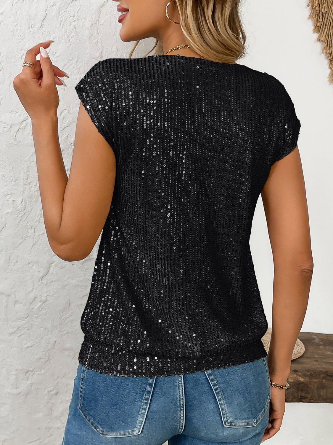 Sequin V-Neck Cap Sleeve Top - Clothes For Her Online Store