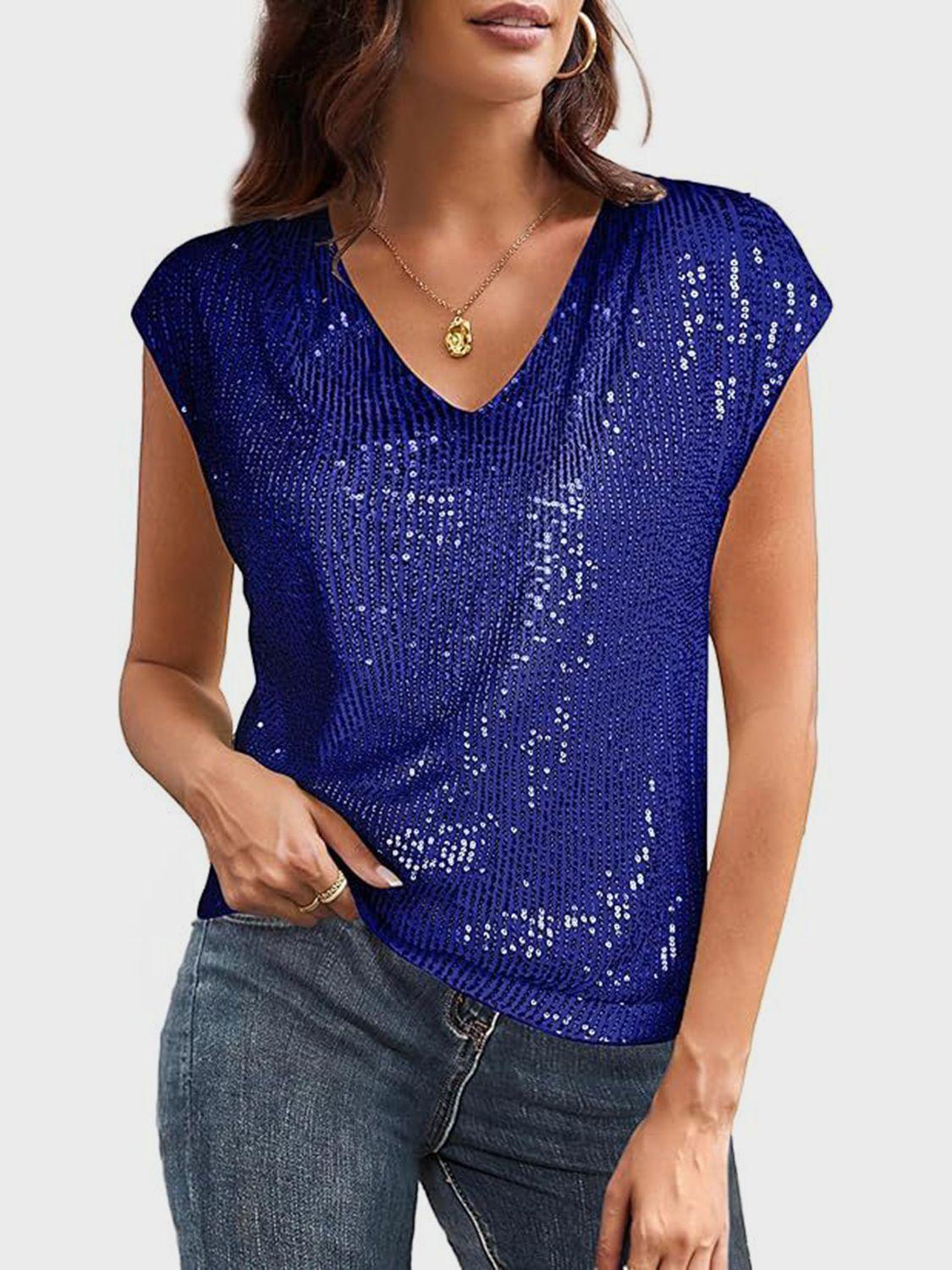 Sequin V-Neck Cap Sleeve Top - Clothes For Her Online Store