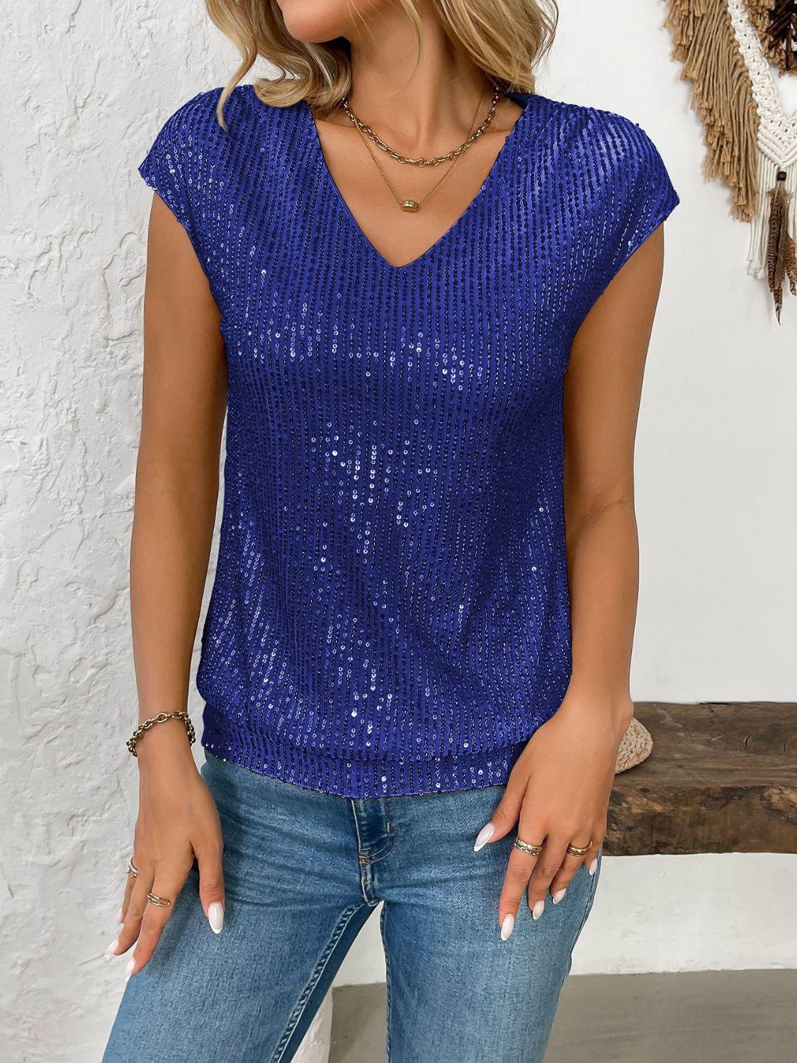 Sequin V-Neck Cap Sleeve Top - Clothes For Her Online Store