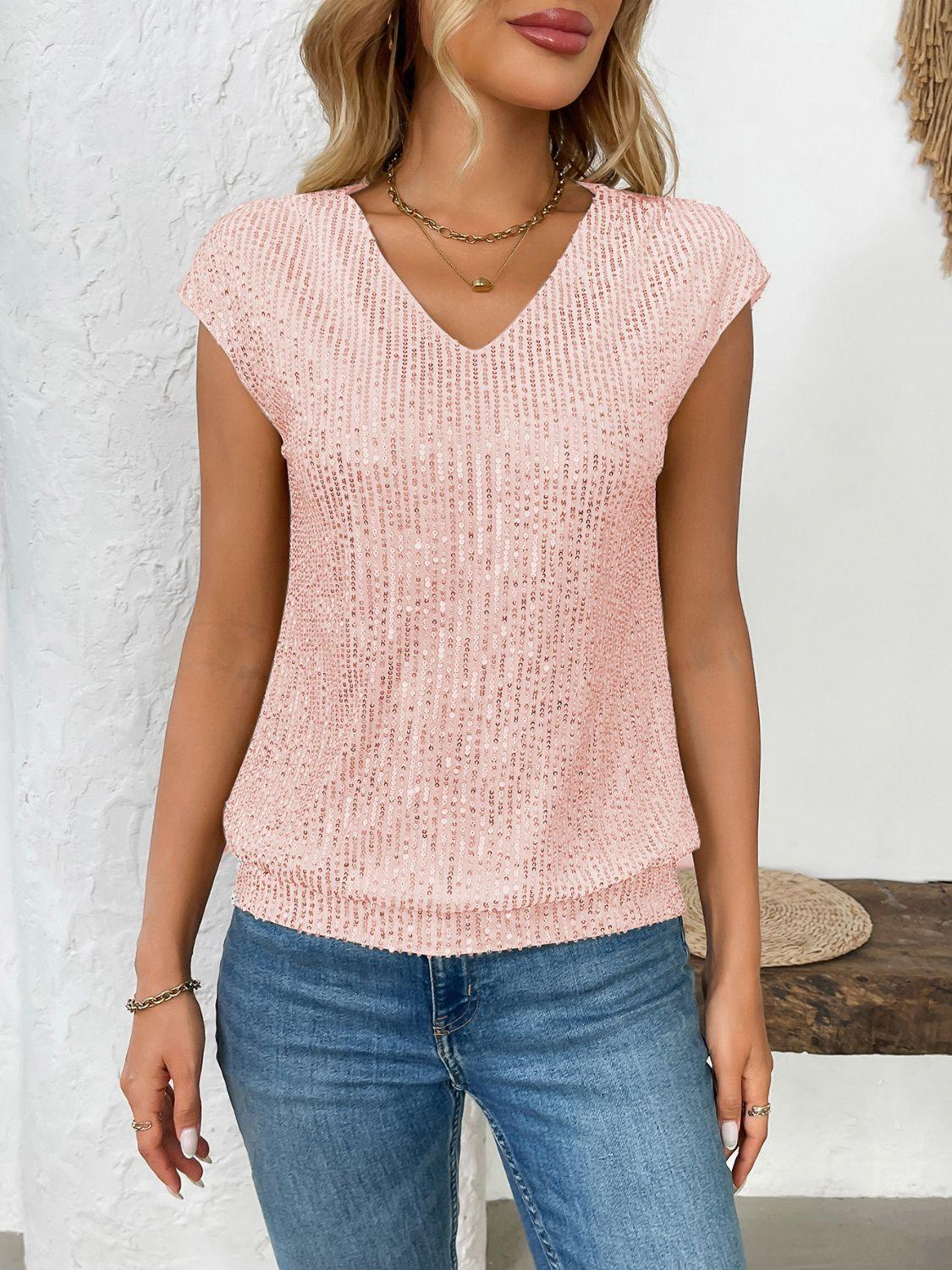 Sequin V-Neck Cap Sleeve Top - Clothes For Her Online Store