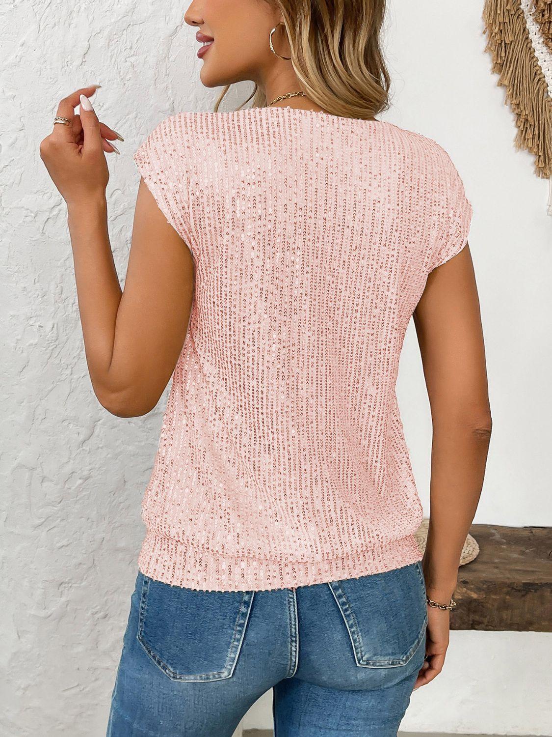 Sequin V-Neck Cap Sleeve Top - Clothes For Her Online Store