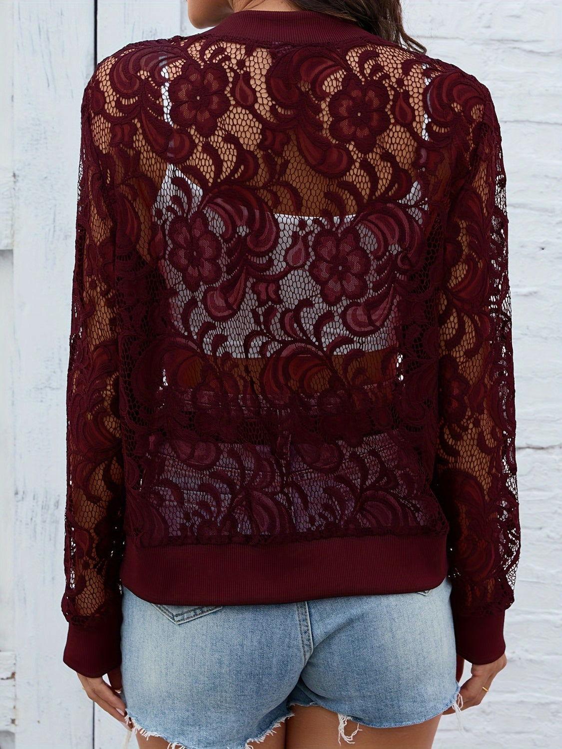 Sheer Lace Zip Up Long Sleeve Jacket - Clothes For Her Online Store