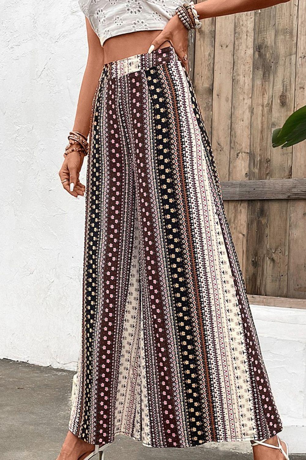 Shiny Floral High Waist Wide Leg Pants - Clothes For Her Online Store