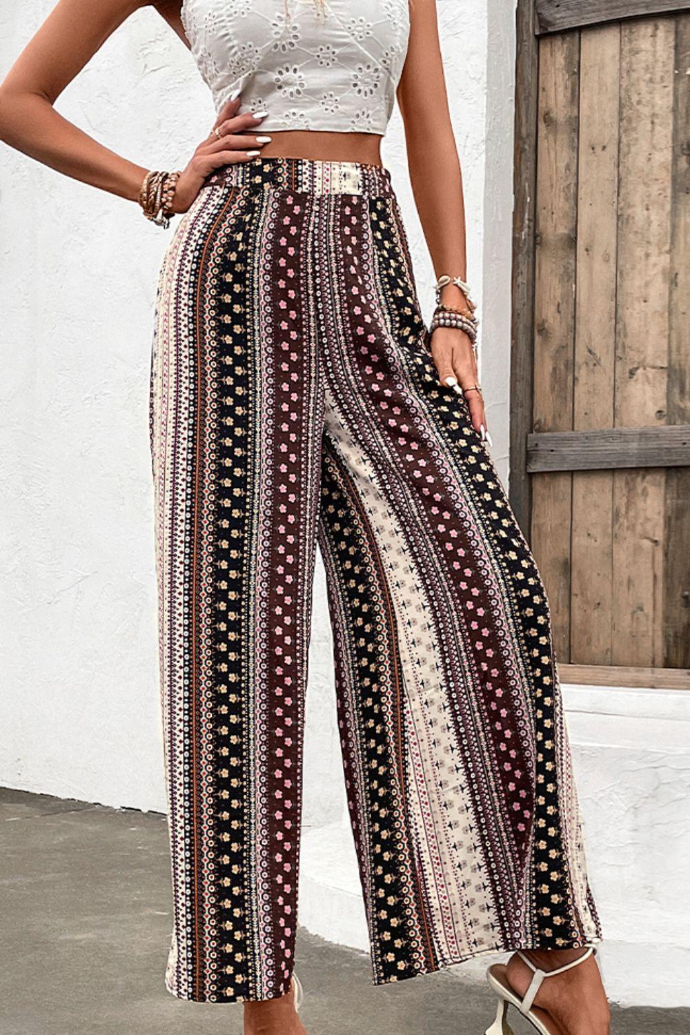 Shiny Floral High Waist Wide Leg Pants - Clothes For Her Online Store