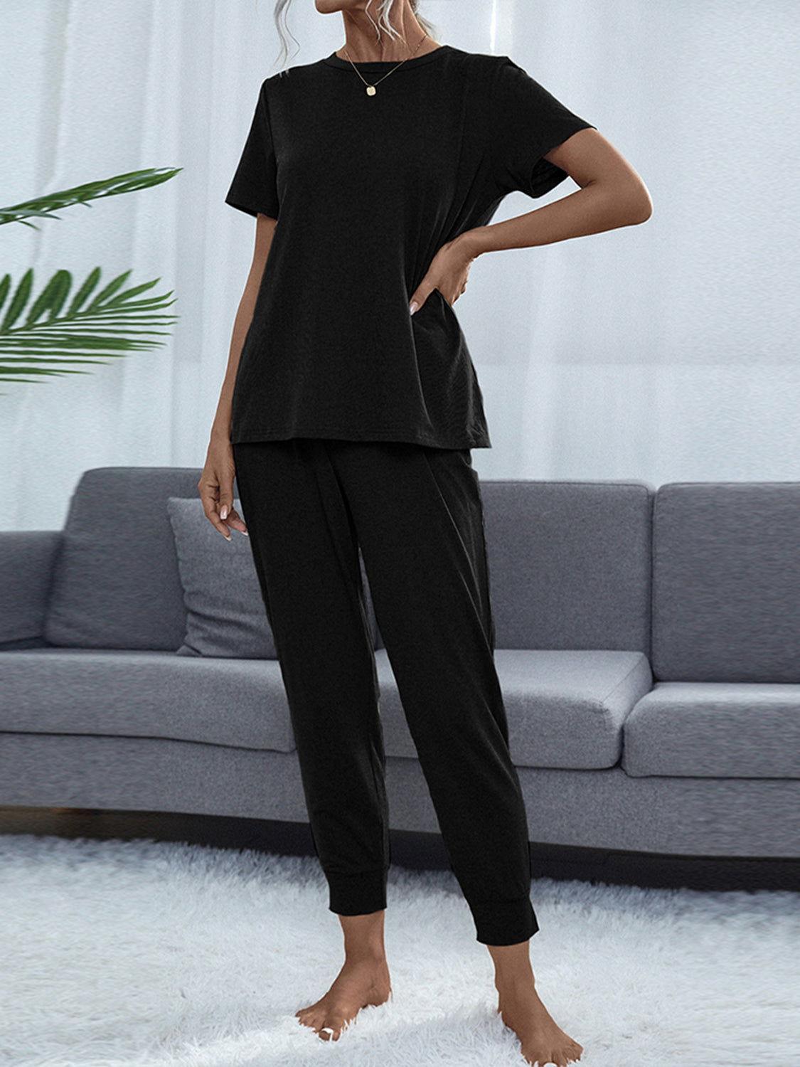 Shiny Round Neck Short Sleeve Top and Pants Set - Clothes For Her Online Store