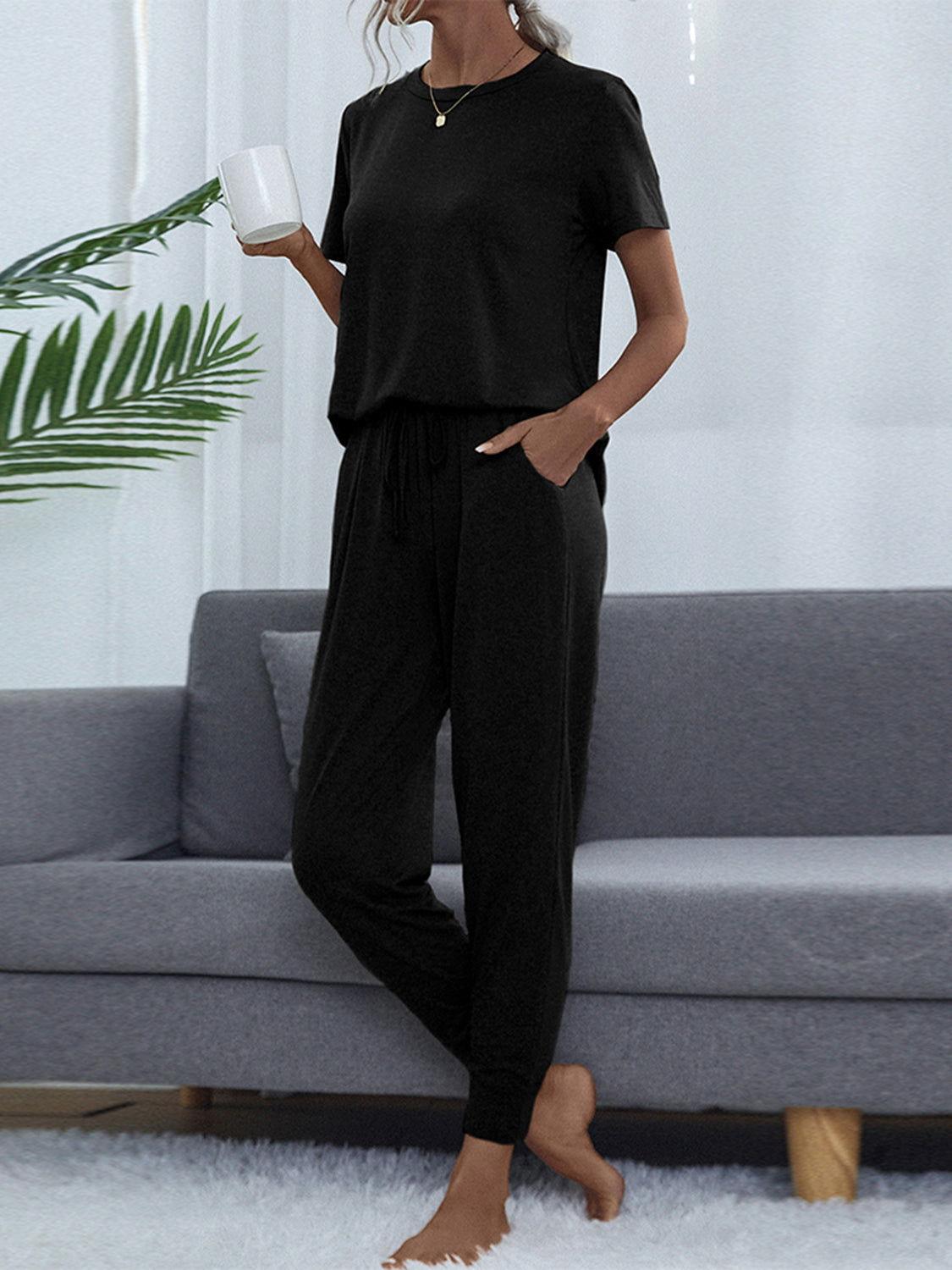 Shiny Round Neck Short Sleeve Top and Pants Set - Clothes For Her Online Store