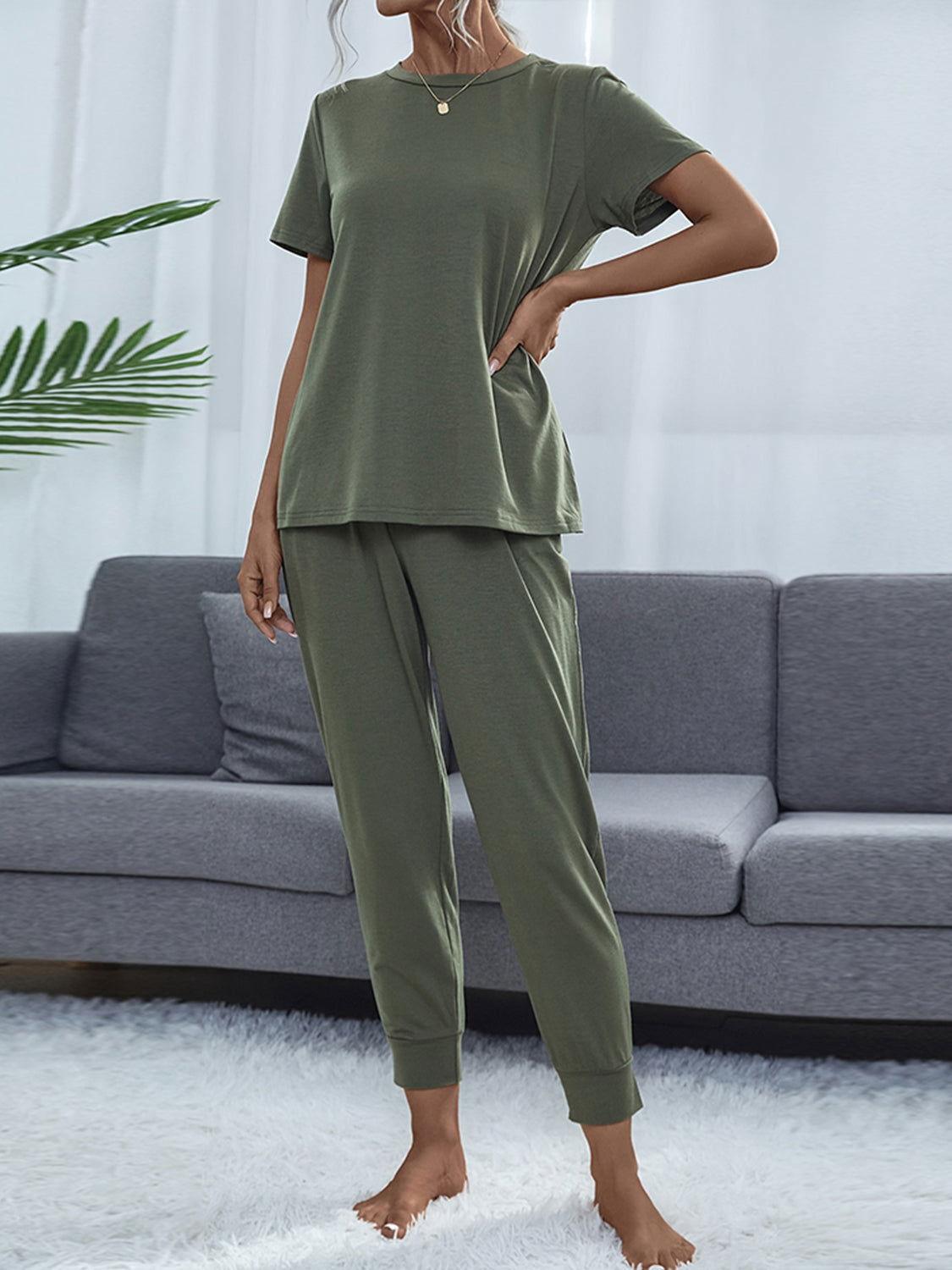 Shiny Round Neck Short Sleeve Top and Pants Set - Clothes For Her Online Store