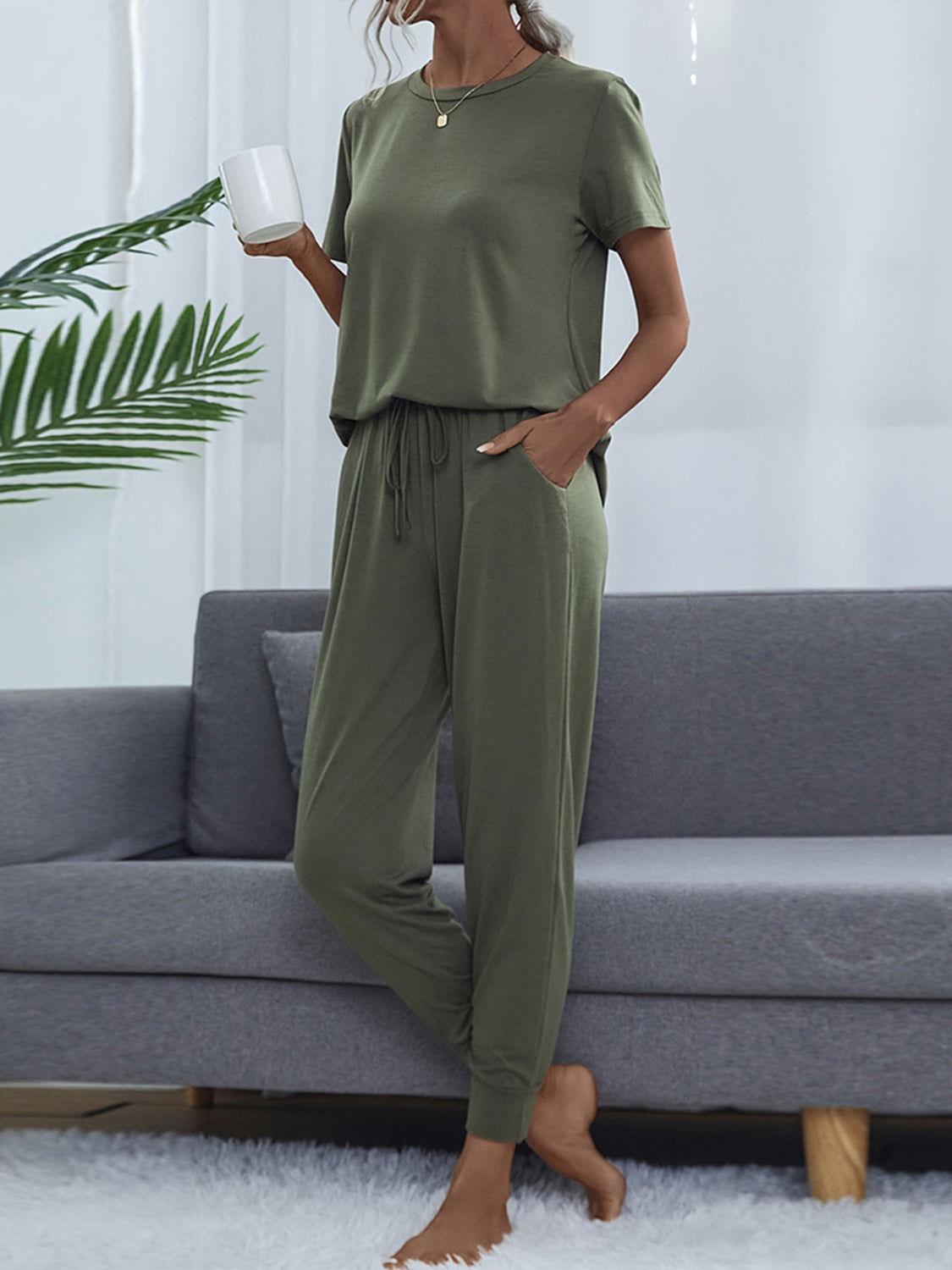 Shiny Round Neck Short Sleeve Top and Pants Set - Clothes For Her Online Store