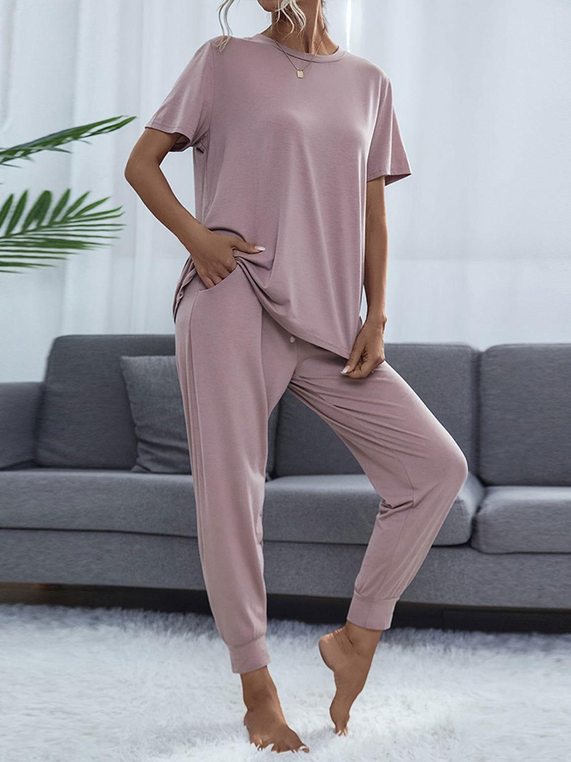 Shiny Round Neck Short Sleeve Top and Pants Set - Clothes For Her Online Store