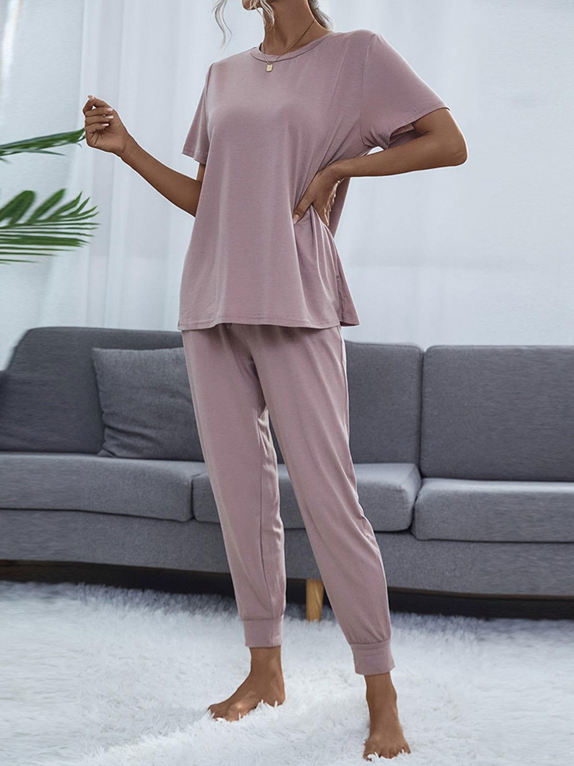 Shiny Round Neck Short Sleeve Top and Pants Set - Clothes For Her Online Store