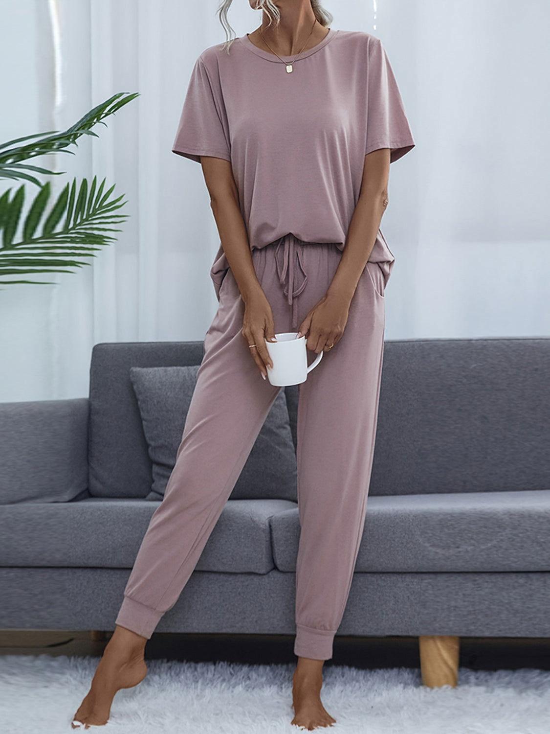 Shiny Round Neck Short Sleeve Top and Pants Set - Clothes For Her Online Store