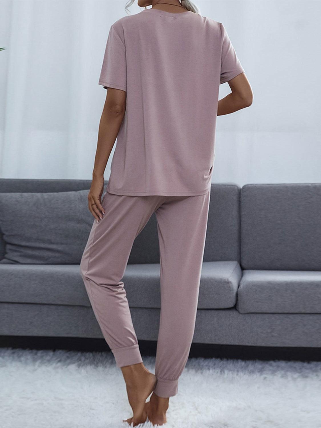 Shiny Round Neck Short Sleeve Top and Pants Set - Clothes For Her Online Store