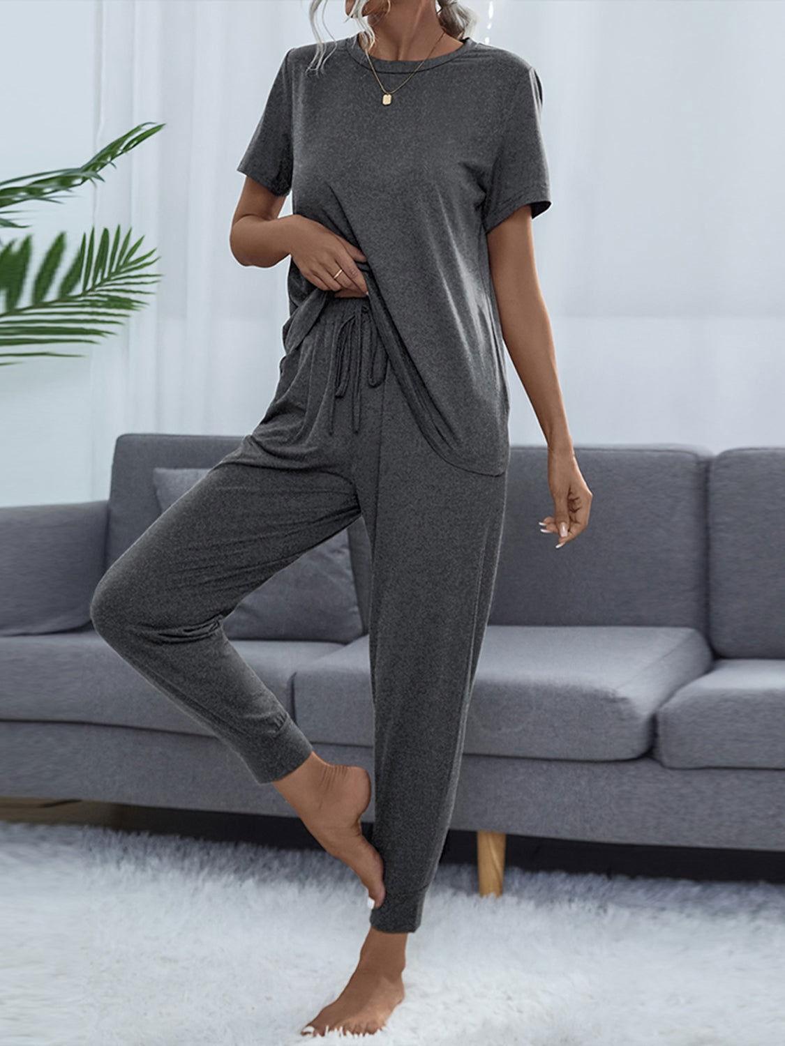 Shiny Round Neck Short Sleeve Top and Pants Set - Clothes For Her Online Store