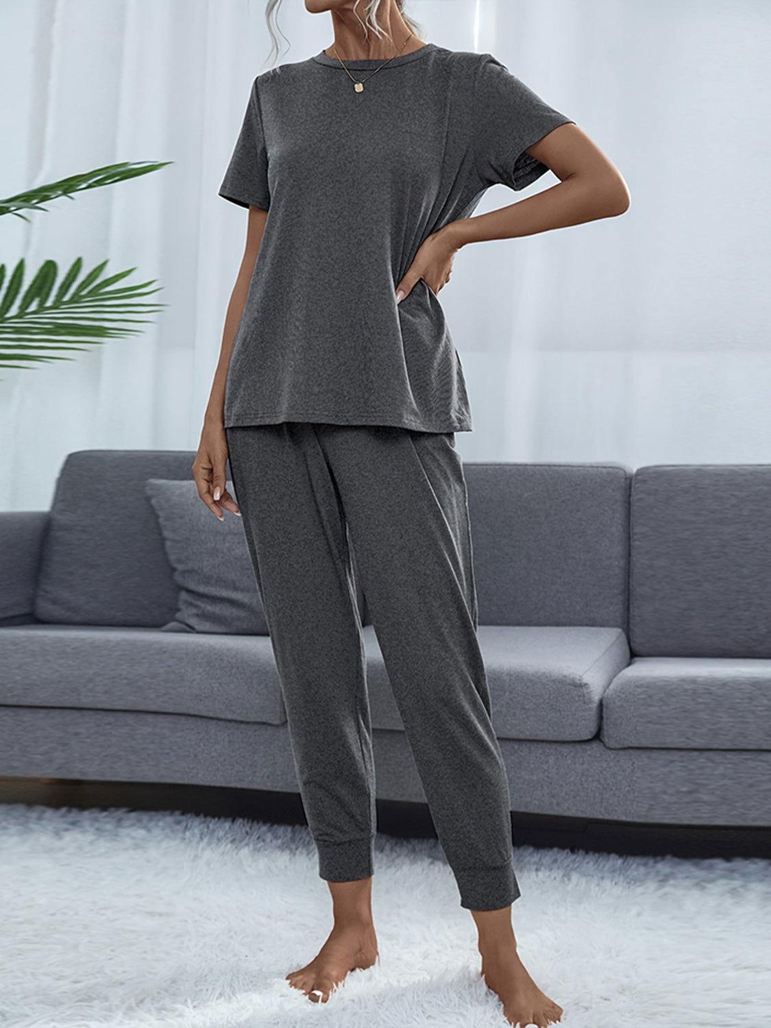 Shiny Round Neck Short Sleeve Top and Pants Set - Clothes For Her Online Store
