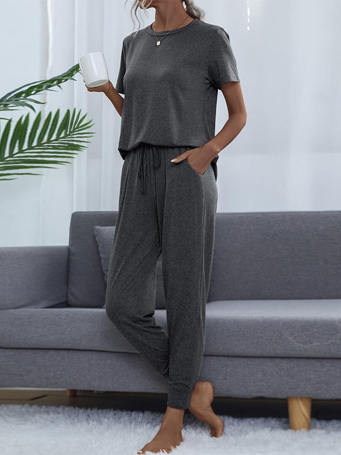 Shiny Round Neck Short Sleeve Top and Pants Set - Clothes For Her Online Store