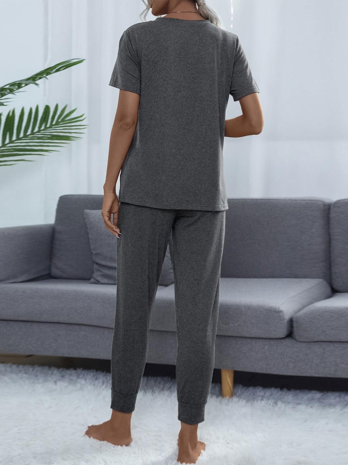 Shiny Round Neck Short Sleeve Top and Pants Set - Clothes For Her Online Store