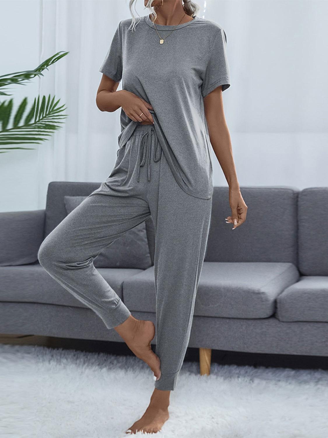Shiny Round Neck Short Sleeve Top and Pants Set - Clothes For Her Online Store