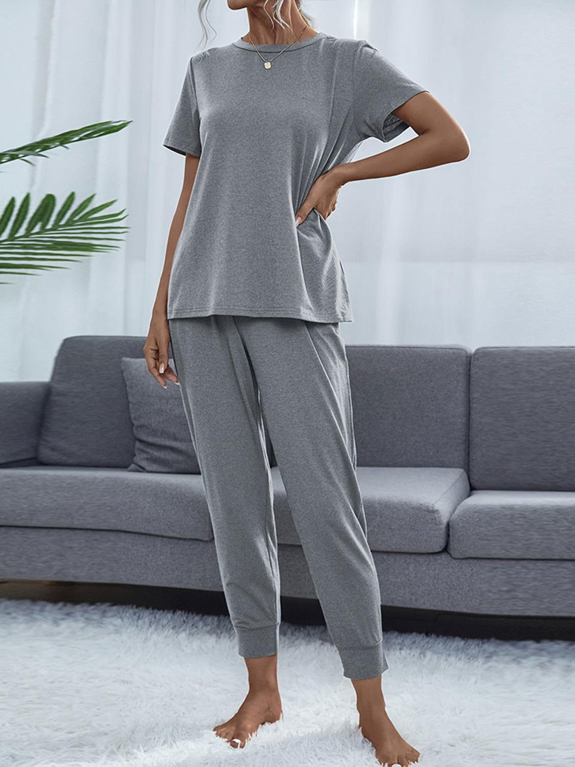 Shiny Round Neck Short Sleeve Top and Pants Set - Clothes For Her Online Store